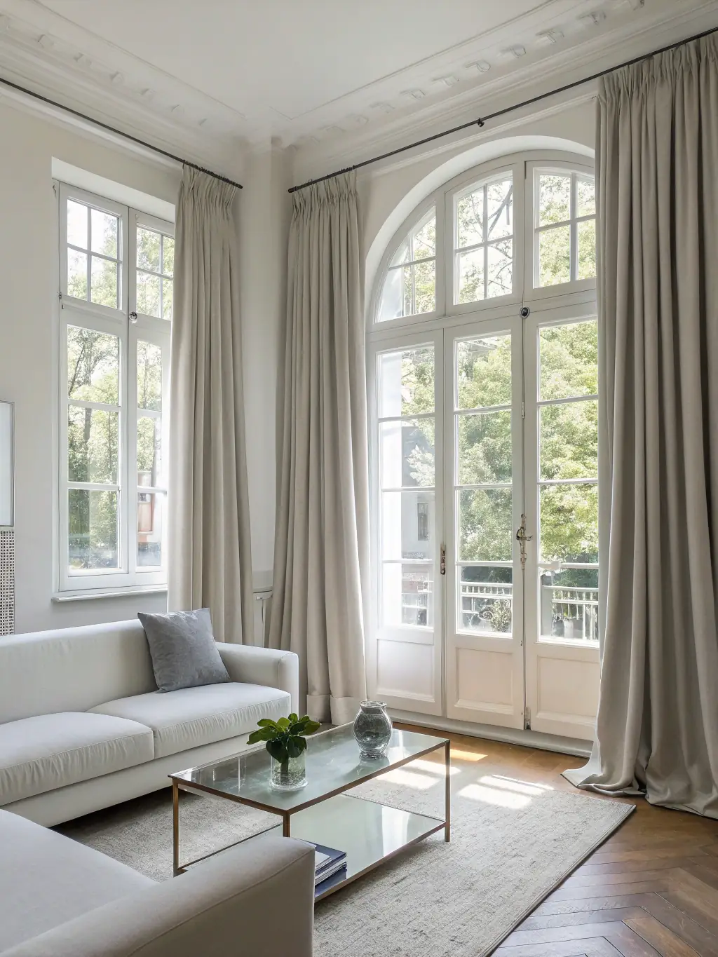 A clean, modern living room with sunlight streaming through the windows, showcasing a pristine space, representing Revana Group Inc.'s residential cleaning service.