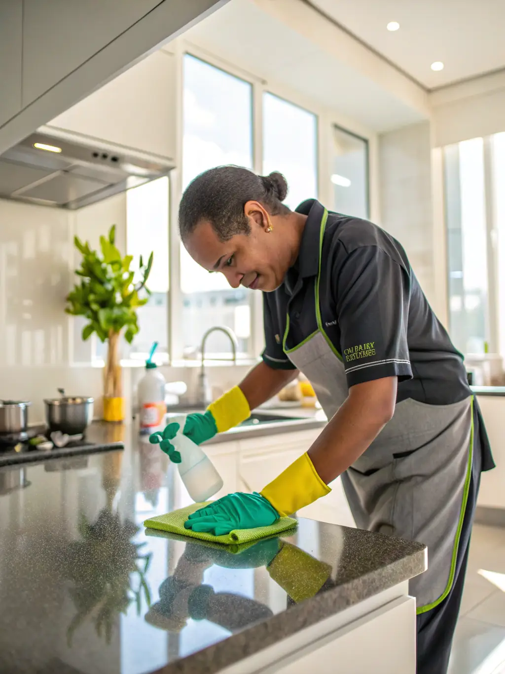 A team of cleaners scrubbing a kitchen countertop and bathroom tiles, emphasizing thoroughness in Revana Group Inc.'s deep cleaning service.