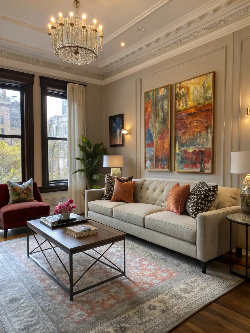 A modern, well-organized home living room, freshly cleaned, with sunlight streaming through the windows, showcasing the results of Revana Group Inc.'s residential cleaning service.