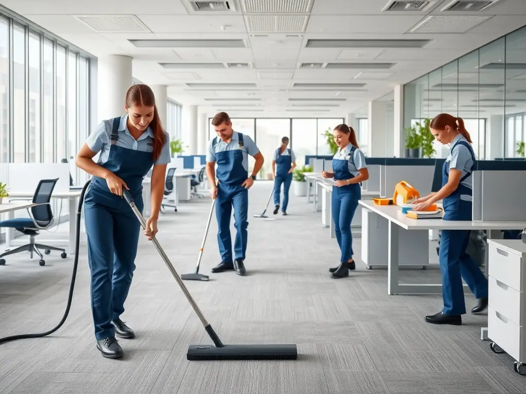 A modern office space with desks neatly arranged and surfaces gleaming. A cleaning crew in mint green uniforms is discreetly working in the background, ensuring a professional and inviting atmosphere.