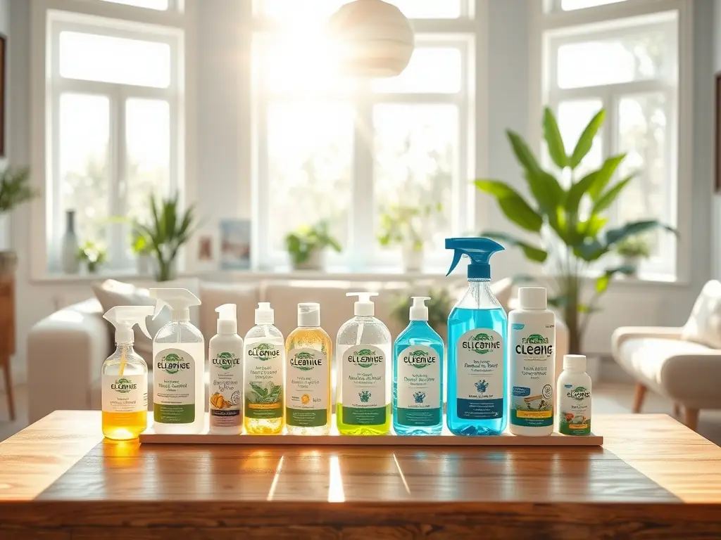 A brightly lit living room with a spotless, gleaming hardwood floor, reflecting light from a large window. A mint green cleaning bucket and eco-friendly cleaning products are subtly placed in the corner, indicating a recent cleaning service.