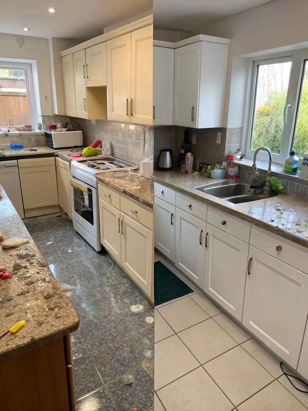 A before-and-after shot of a kitchen corner, showing the dramatic difference after Revana Group Inc.'s deep cleaning service, highlighting the removal of grime and dirt.